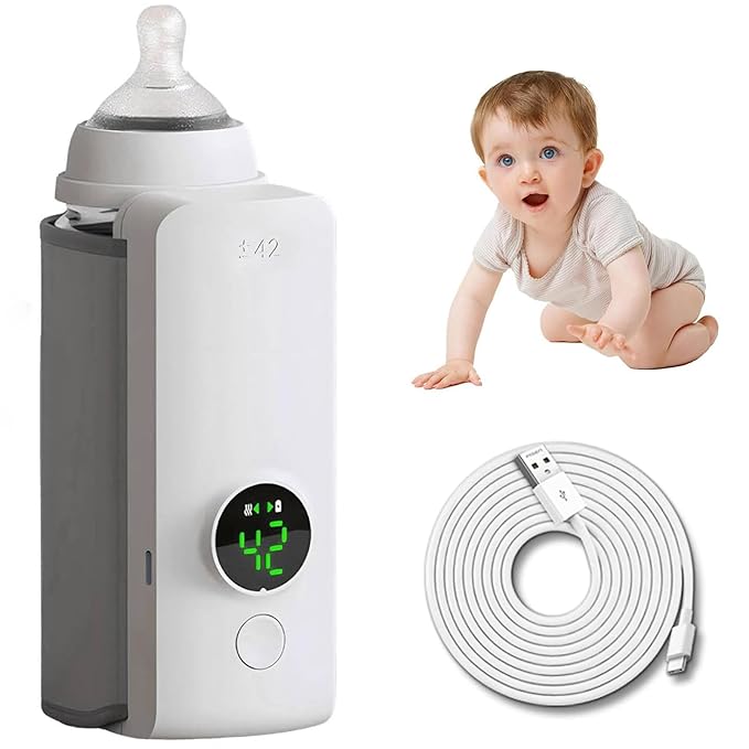 TeqHome Portable Bottle Warmer for Travel, Instant Heating & Constant Warming, Portable Baby Bottle Warmer On The Go for Breastmilk, Large Capacity Battery-Powered & Rechargeable, Temperature Display