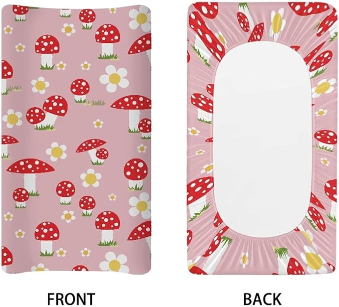 Mushroom Changing Pad Cover Waterproof Stretchy Baby Changing Table Cover Comfy Cozy Universal Tray Table Mat Fit 32"x16" Contoured Pad