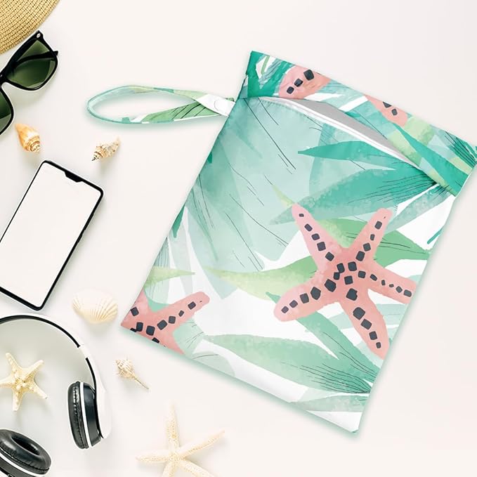 Wet Dry Bag, Wet Bag for Swimsuit, Travel, Beach, Pool, Diapers, Dirty Yoga Gym Clothes, Makeup Bag, Tropical Starfish Summer Vacation Essentials