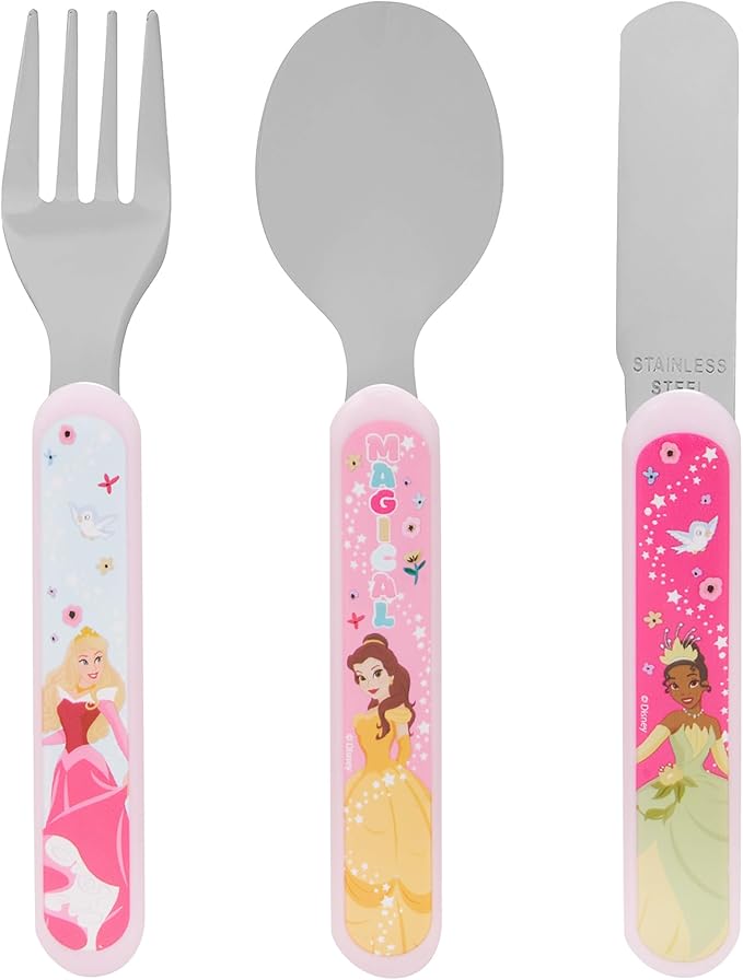 Disney Princess 3 Piece Cutlery Set - Metal, Reusable Children's Knife, Fork & Spoon, Kids-Size, Made from Food-Safe Stainless Steel & ABS Plastic - with Belle, Tiana & Aurora - for 36 Months & Up