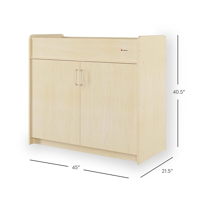 Foundations SafeSwing Daycare Changing Table, Formerly SafetyCraft - Durable Wood Cabinet with 2 Built-in Shelves - Storage w/Soft Close Hinges, Includes Durable Mattress Pad - Natural