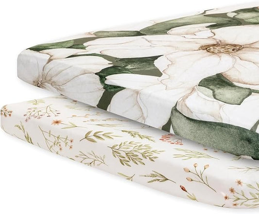 Pobibaby - 2 Pack Premium Pack N Play Sheets Fitted for Standard Pack and Plays and Mini Cribs - Ultra-Soft Cotton Blend, Stylish Floral Pattern, Safe and Snug for Baby (Zephyr)