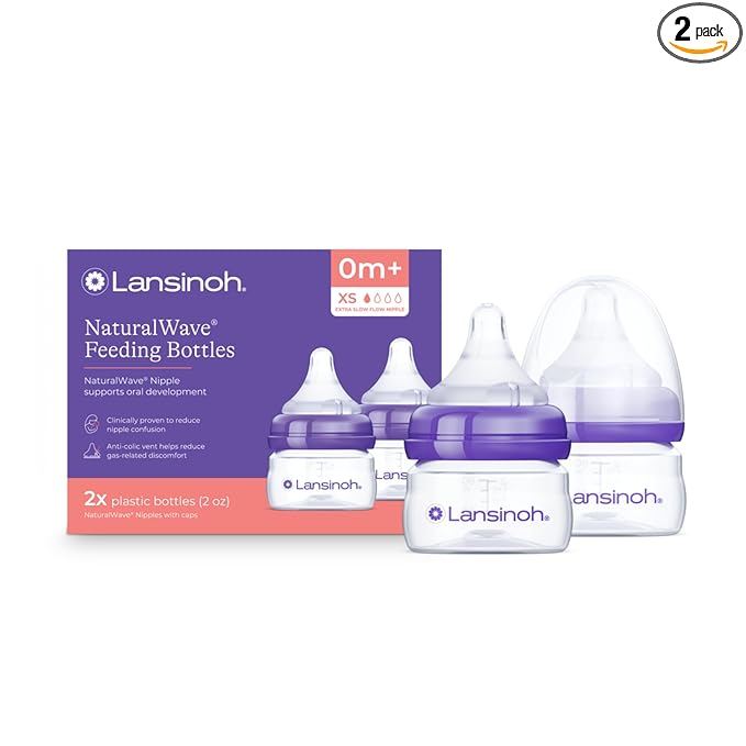 Lansinoh Anti-Colic Baby Bottles, BPA-Free Plastic, 2 Ounces, 2 Count, Extra Slow Flow Nipples (Size XS), Breastfeeding Bottle with NaturalWave Design