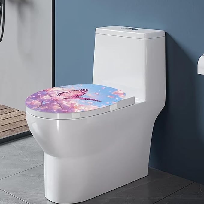 Pink Butterfly Toilet Lid Cover Protector Soft Flannel Fabric Toilet Cover Set Stretch Washable Protector Cover Suitable for Home School Hotel Dormitory Apartment