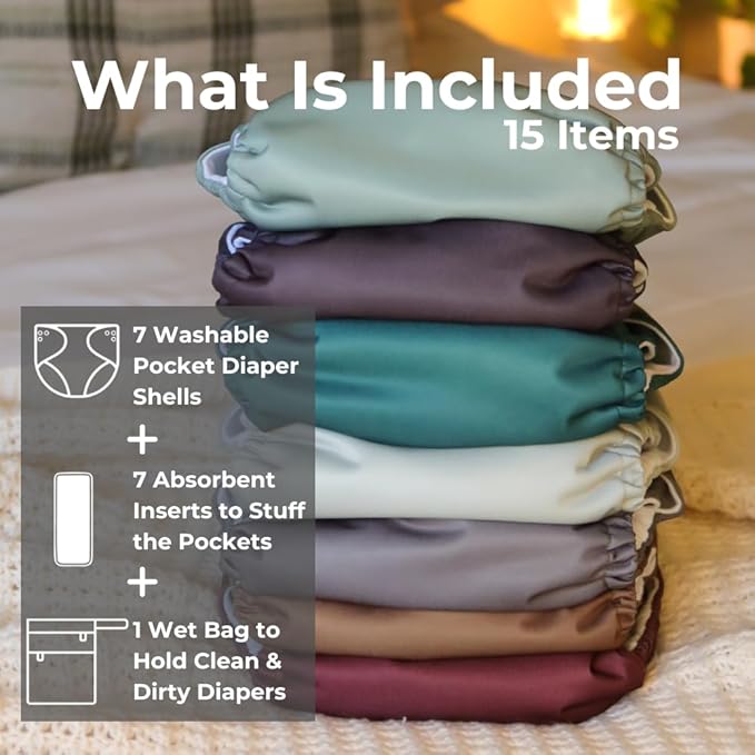 Nora's Nursery AWJ Cloth Diapers 7 Pack with 1 Wet Bag - Waterproof Cover, Washable, Reusable & One Size Adjustable Pocket Diapers for Newborns and Toddlers - Hickory