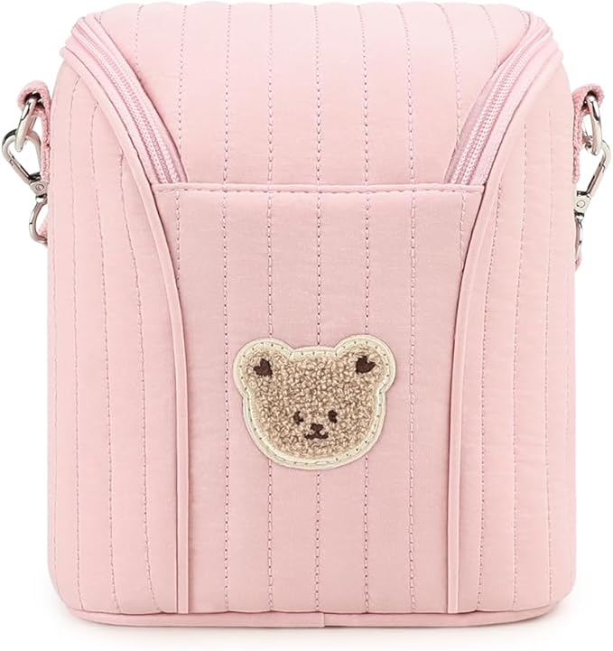 Lmbabter Embroidered Bear Stroller Organizer Tote Bag, Bottle Insulation Pouch, Portable Cooler Storage Essential for Milk/Breast Pump,Baby Travel Supplies (Pink)