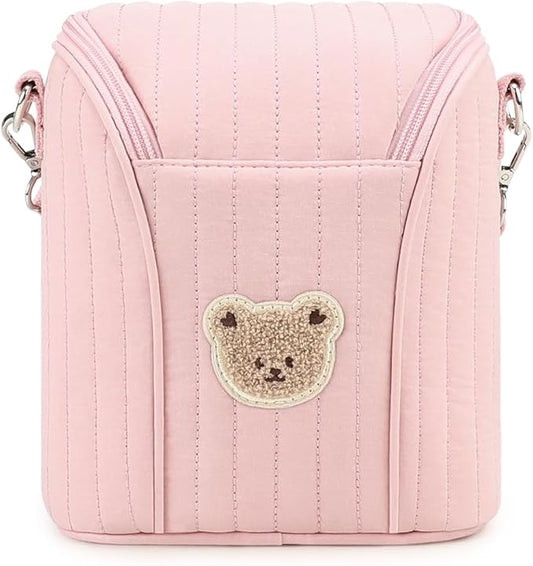 Lmbabter Embroidered Bear Stroller Organizer Tote Bag, Bottle Insulation Pouch, Portable Cooler Storage Essential for Milk/Breast Pump,Baby Travel Supplies (Pink)