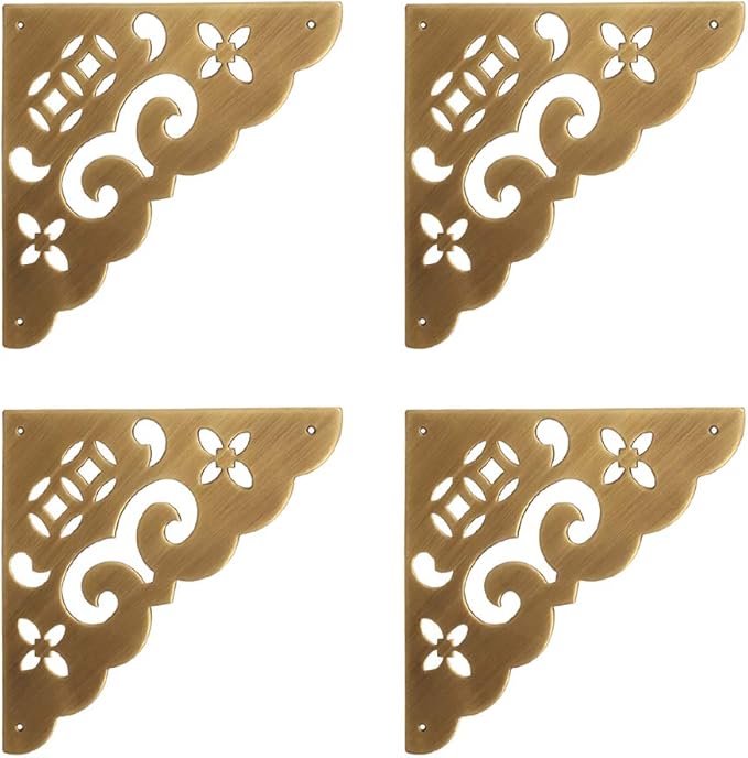 4Pcs 4"/10.3cm Large Size Antique Brass Hollow Pattern Corner Protectors Vintage Hardware Desk Edge Wooden Jewelry Gift Box Cabinet Corner Guard
