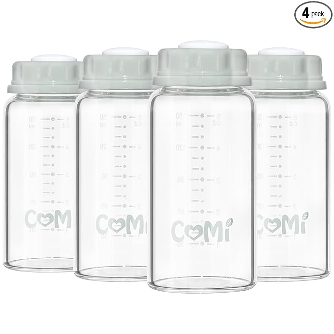 COMI Natural Glass Baby Bottle,Standard Neck Breastmilk Storage Bottle for Fridge,Breast Milk Container,Breast Pump Bottle Compatible with Medela Breast Pump,BPA Free,4PCS (5oz,4 Gray Lids)