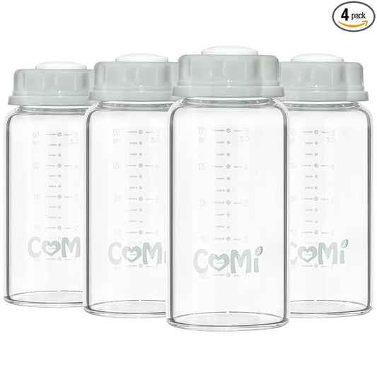 COMI Natural Glass Baby Bottle,Standard Neck Breastmilk Storage Bottle for Fridge,Breast Milk Container,Breast Pump Bottle Compatible with Medela Breast Pump,BPA Free,4PCS (5oz,4 Gray Lids)