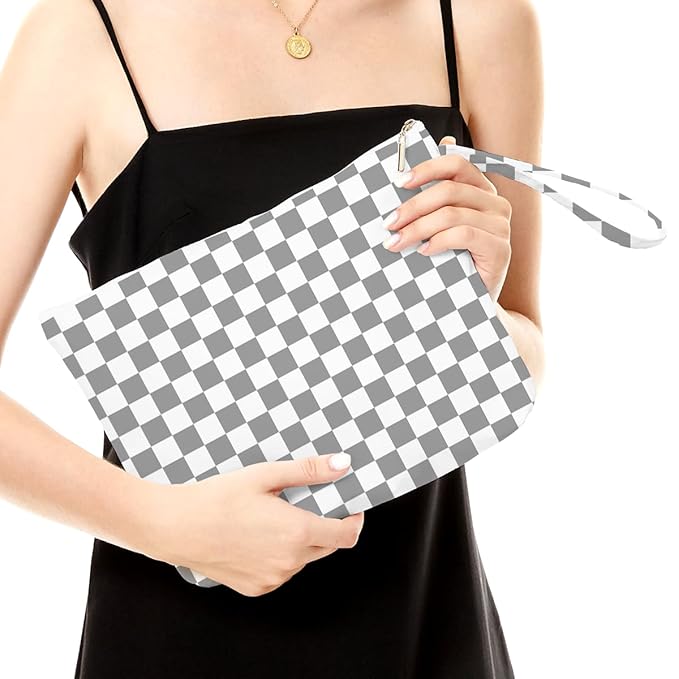 Fokongna Wet Bag, Small Portable Waterproof Multi-Functional Organizer for Women, Ideal for Daily, Beach & Travel，Grey White Checkerboard
