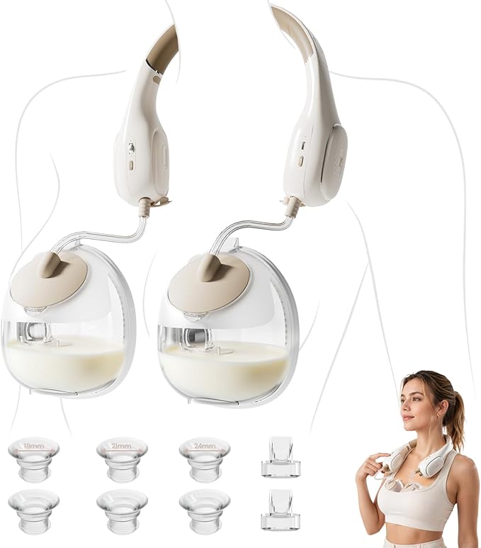 NCVI Wearable Breast Pump, Hands Free Breast Pump Neckband Style, Portable Breast Pump with Slim Milk Collection Cups & 3 Size Flanges, 240 min Battery Life Perfect for Moms Work, Travel or Home