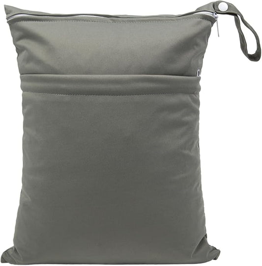 Wet Dry Bag for Baby Cloth Diapers, Waterproof Reusable with Two Zippered Pockets Travel Beach Pool Soiled Baby Items Yoga Gym Bag for Swimsuits or Wet Clothes (grey)