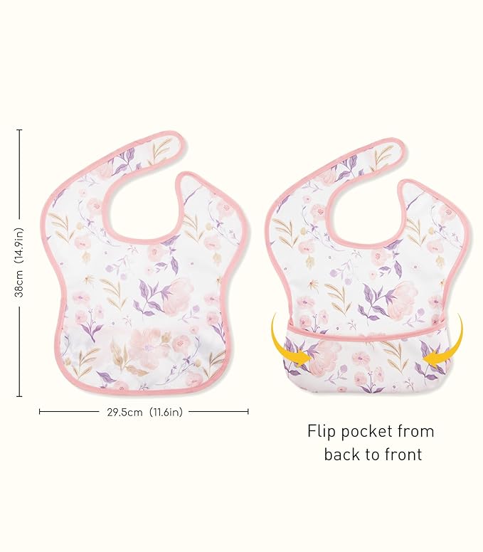 3-Pack Waterproof Baby Bibs for Eating - Mess Proof Lightweight Toddler Feeding Bibs with Large Food Catcher, Food-Grade Baby Eating Essentials, Easy to Put On & Clean(Light Pink Blossom)