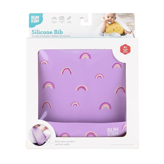 Bumkins Bibs, Silicone Pocket for Babies, Baby Bib for Girl or Boy, for 6-24 Months Up to Toddler, Essential Must Have for Eating, Feeding, Baby Led Weaning Supplies, Mess Saving, Rainbows Purple