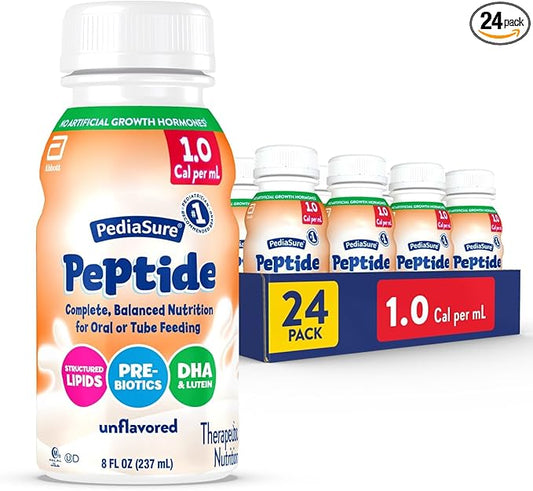 PediaSure Peptide 1.0 Cal, Peptide-Based Formula, Complete, Balanced Nutrition for Oral or Tube Feeding, Unflavored, 8-fl-oz Bottle, Pack of 24