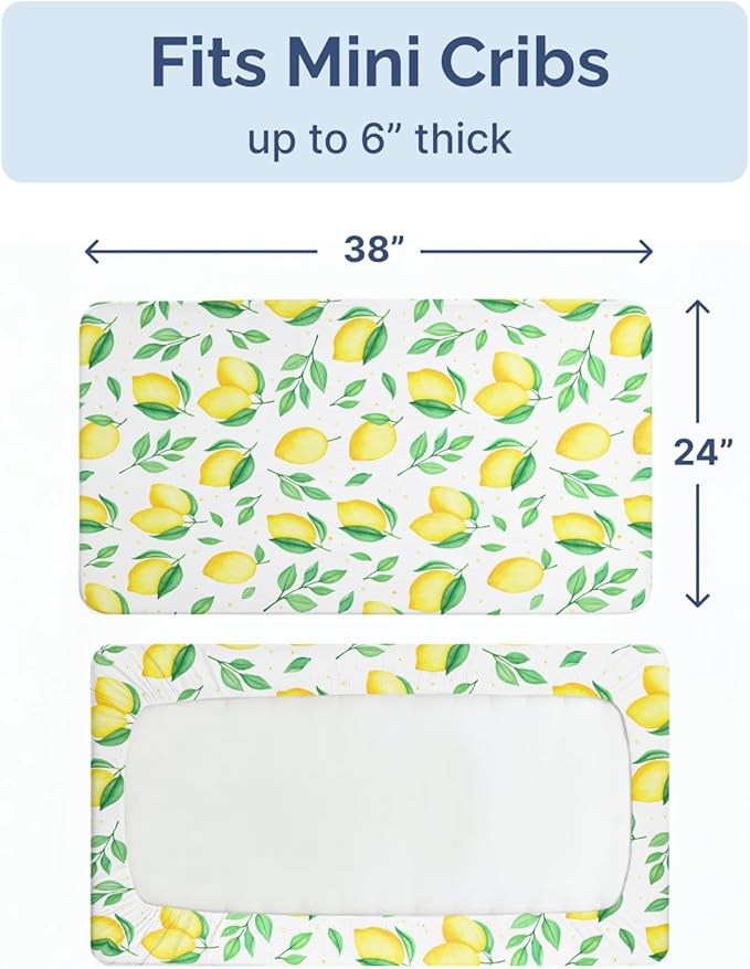 2-Pack Mini Crib Sheets Fitted - Pack N Play Sheets for Pack and Play Mattress - Stretchy Soft Microfiber Playard Bedding - Mini Toddler Bed Cover Boys & Girls - Easy-Fit, Oeko-Tex, 38 x 24in, Lemons