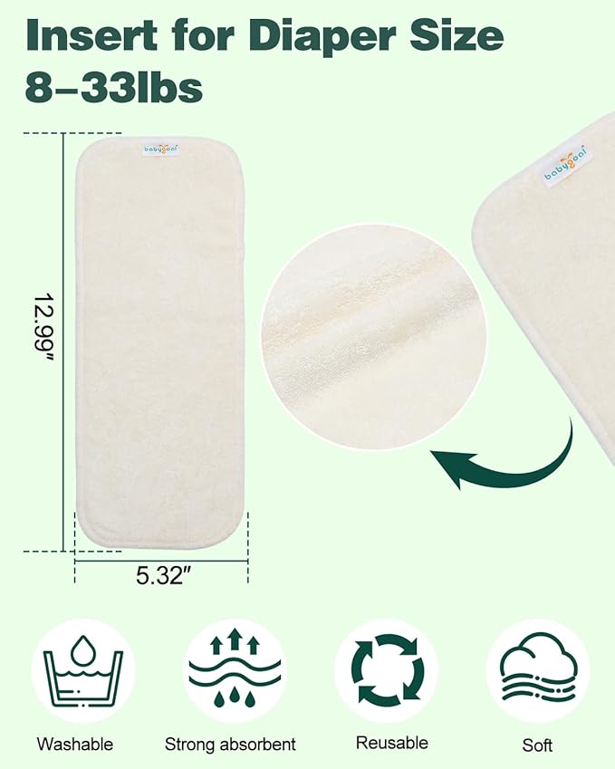 Babygoal Cloth Diaper Inserts 12pcs, 4 Layers Rayon from Bamboo Inserts for Cloth Diapers and Cloth Diapers Covers