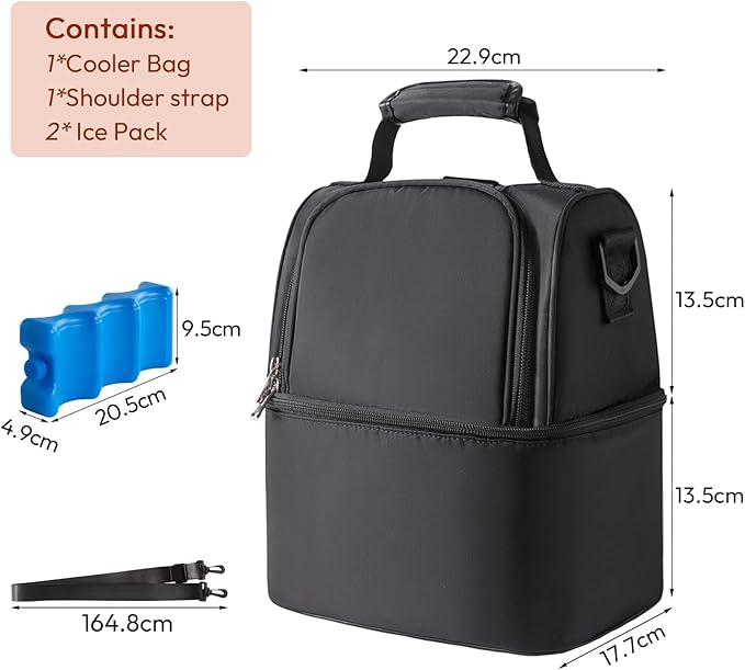 NCVI Breastmilk Cooler Bag with 2 Ice Pack, Breast Pump Bag with Cooler Fits 6 Bottles, Double Layer Breast Milk Travel Bag Baby Bottle, for Travel, Nursing Mom Daycare, Work, Picnic (Black)