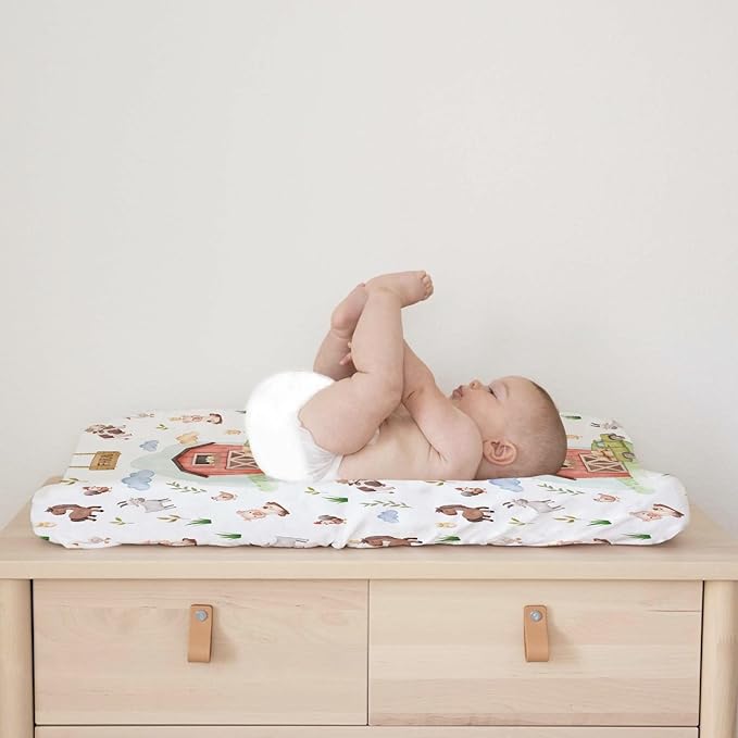Baby Farm Life Changing Pad Cover for Boy Girl 32''x16'' Farm Animals Pig Goat Horse Cow Chick Rooster Duck Leaves Barn Truck Fitted Changing Pad Sheets Soft Breathable Diaper Change Table Mats