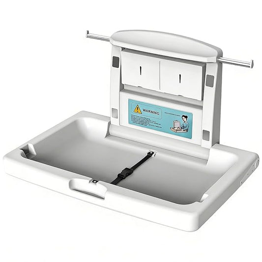 Commercial Baby Changing Station Wall Mounted Fold Down Diaper Changing Table for Public Restrooms, HDPE Changing Station with Safety Strap, Storage Shelf & Bag Hooks, Supports Up to 45lbs