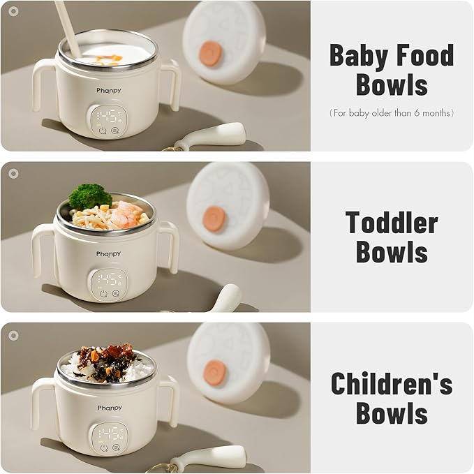 Phanpy Smart Thermostatic Bowl To Keep Baby/Toddler/Children Food Warm with 40/45/50℃ Constant Precise Temperature Control, 316L Stainless Steel Liner, Volume 13.5 Ounce