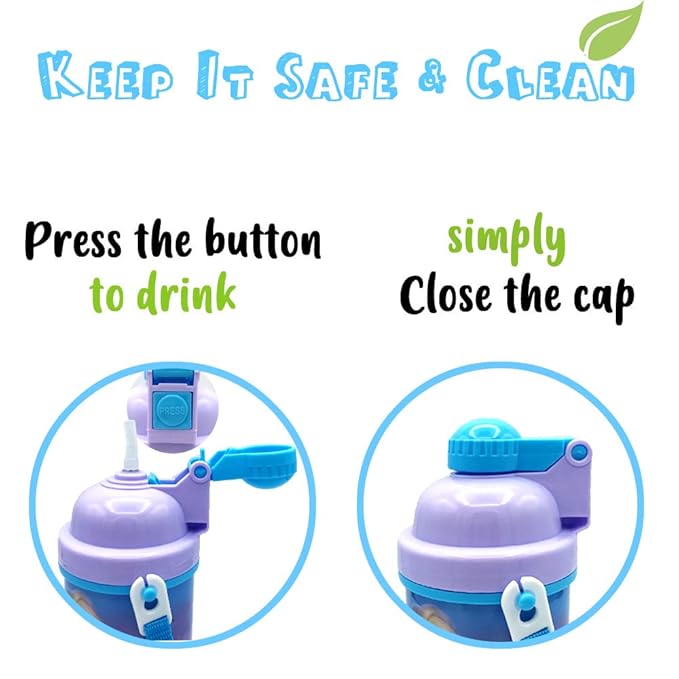 Zak Designs Disney Frozen One Touch Button Water Bottles with Reusable Built in Straw, Carrying Strap - Safe Approved BPA Free, Easy to Clean, for Kids Girls Boys, Goodies Home Travel