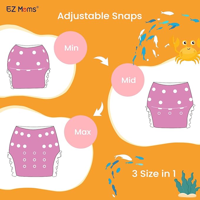 EZ Moms Baby Swim Diapers Reusable 2Pcs Snap One Size Adjustable Washable Newborn Infant Swim Diaper with a Shammy Towel for Baby Girl Water Diaper Waterproof Swimming Diapers for Swimming Lessons
