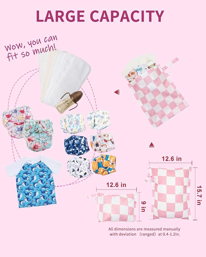 babygoal Wet Dry Bags 4 Pack, Waterproof Reusable Travel Bags for Swimsuits, Baby Cloth Diapers, Beach, Pool, Gym Bag & Wet Clothes