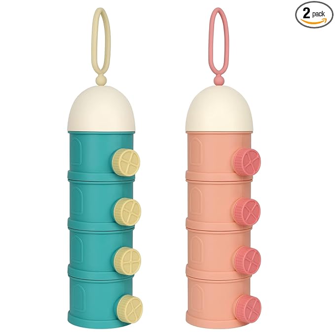 Accmor Formula Dispenser On The Go, 4 Layers Stackable Formula Container to Go, Non-Spill Portable Milk Powder Baby & Kids Snack Container, Green Pink