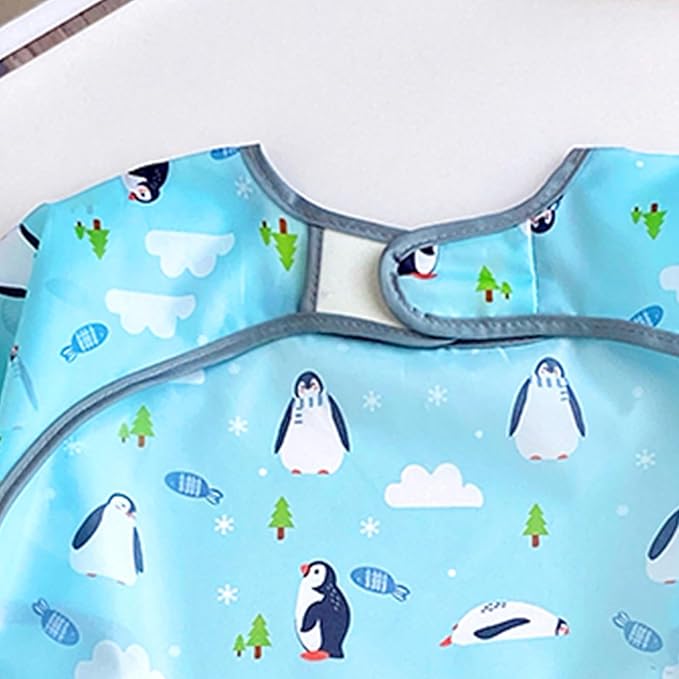 PandaEar 3 Pack Waterproof Long Sleeve Baby Bibs for Eating & Messy Play, Toddler Smock with Food Catcher Pocket, Lightweight Reusable Feeding Apron for Infant 6-36 Months (Bears, Penguins, Dinosaurs)