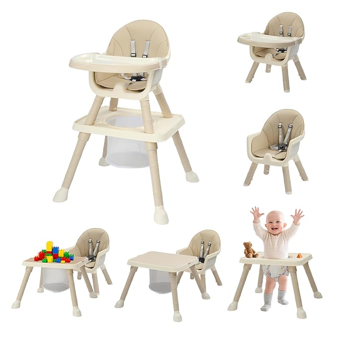 JOYMOR 7 in 1 High Chair for Babies and Toddlers, Convertible Kids Learning Table and Chair with Large Baske for Storage (Beige)