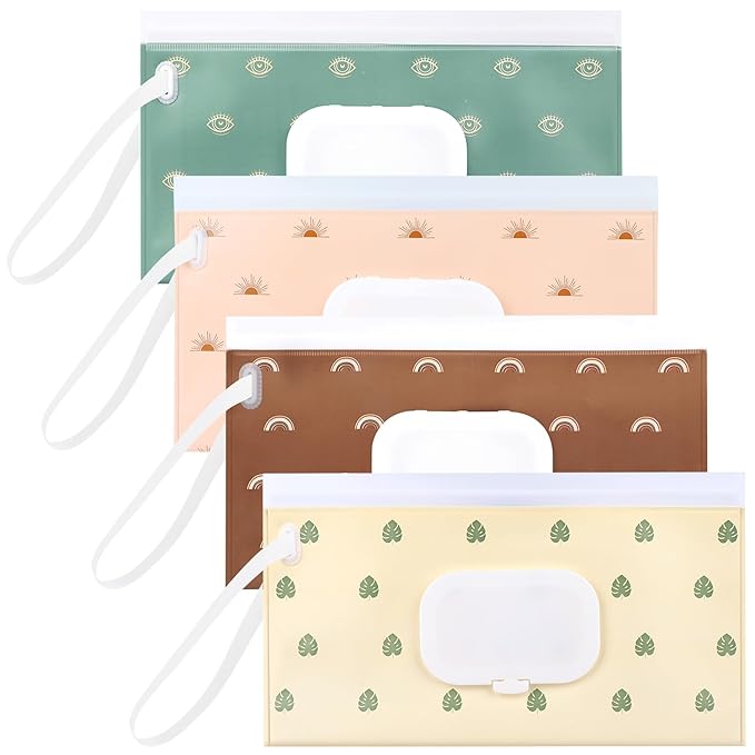 4 Pack Baby Wipe Dispenser, Reusable Portable Wipe Holder, Refillable Wet Wipes Container, Waterproof & Dustproof Wipe Case for Diaper, Travel, Outdoor Outing & Camping