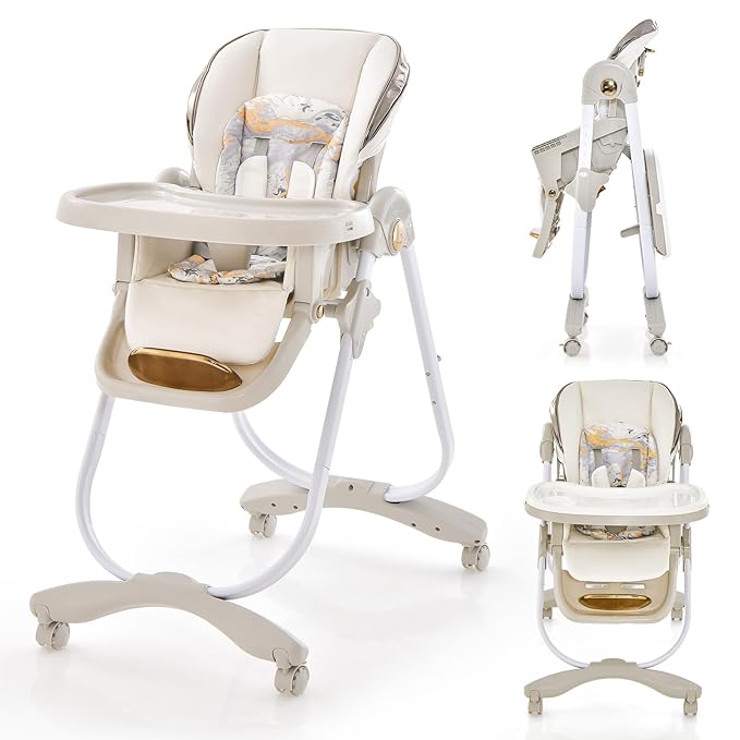 HOMGX Portable High Chair, Foldable Baby Feeding Chair with Adjustable Footrest & Backrest, Large Dishwasher-Safe Double Tray, Toddler Highchair for 6-36 Months, Grey