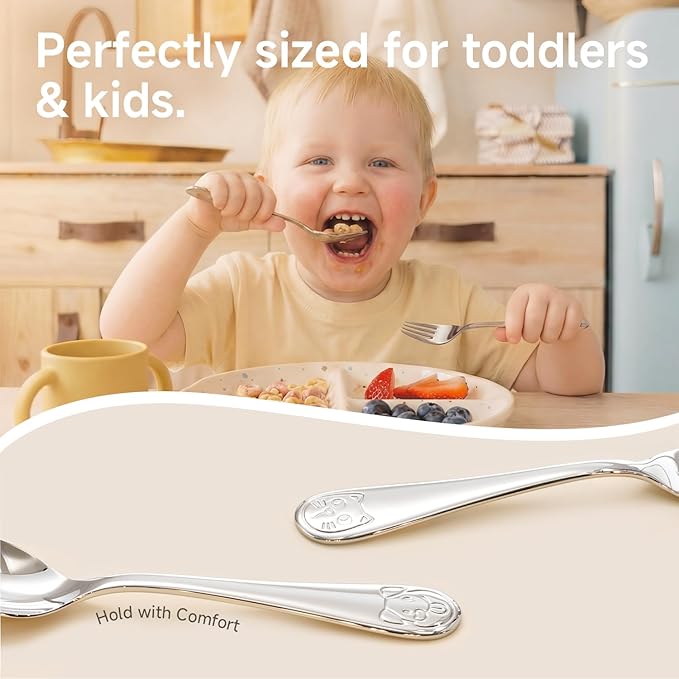 KINGSTONE Toddler Utensils Set, 6-Piece Small Forks & Spoons, 18/10 Stainless Steel, Cat & Dog Print, Ergonomic Self-Feeding Kids Flatware for Home, Travel & Preschool