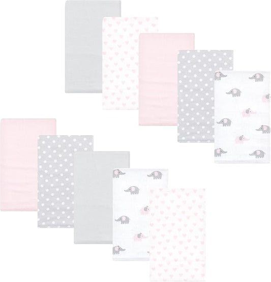 Luvable Friends Hudson Baby Flannel Burp Cloths 10pk, Elephant Serenity Pink