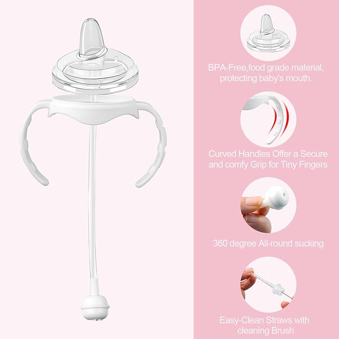 Sippy Cup Conversion Kit for Dr. Brown's Wide-Neck Baby Bottles, Weighted Sippy Cup Transition Kit with Handles for Kids, [Variable Flow] [Spill-Proof] [BPA-Free], 6m+