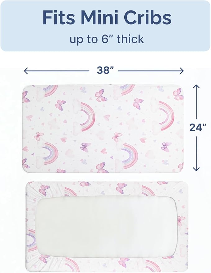 2-Pack Mini Crib Sheets Fitted - Pack N Play Sheets for Pack and Play Mattress - Stretchy Soft Microfiber Playard Bedding - Mini Toddler Bed Cover for Boys and Girls - Oeko-Tex - 38 x 24in, Flutter