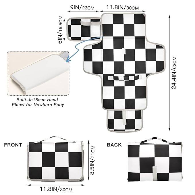 Portable Diaper Changing Pad Travel Baby Changing Mat Waterproof Diaper Changing Mat Foldable Lightweight Baby Changer with Built-in Pillow Checkered Black and White