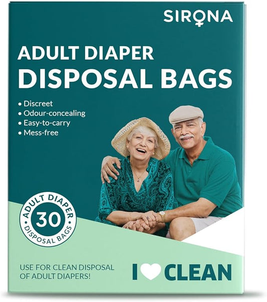 Sirona Disposable Bags for Adult Diapers | Discreet, Locks In Odors, Leak-Proof Adhesive, Environmentally Friendly & Biodegradable | Travel-Friendly Disposal Bags Pack of 30