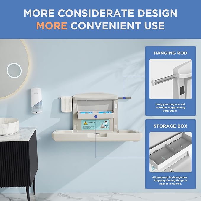 Commercial Baby Changing Station Wall Mounted, Horizontal Fold-Down Baby Changing Table, Heavy Duty 200lb Capacity, Space Saving Diaper Changing Station for Restroom & Public Facilities