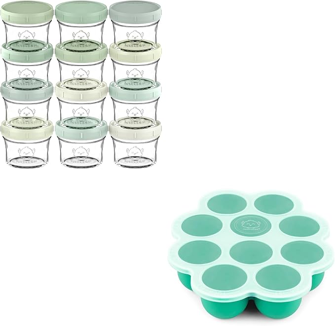 KeaBabies 12-Pack Baby Food Glass Containers and Silicone Baby Food Freezer Tray with Clip-on Lid - 4 oz Leak-Proof, Microwavable, Baby Food Storage Container - Breast Milk Trays for Freezer