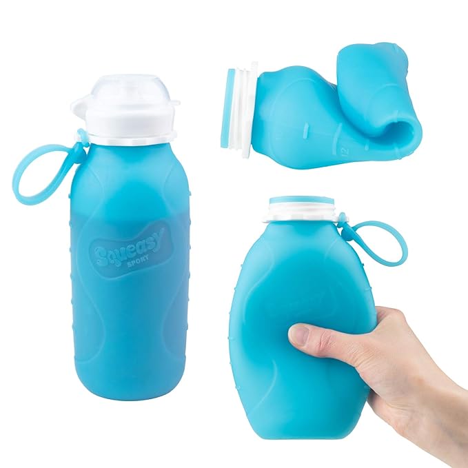 Blue 16 oz Squeasy Snacker Spill Proof Silicone Reusable Pouch - For Soft Foods & Liquids - Water, Apple Sauce, Yogurt, Smoothies, Baby Food - Dishwasher Safe