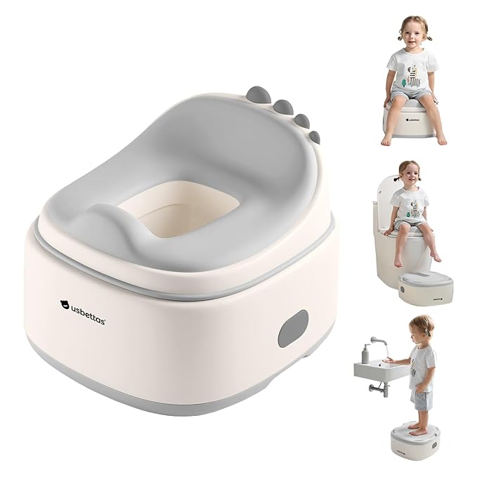 3 in 1 Potty Training Toilet, Dinosaur Toddler Potty Training Seat for Boys Girls with Comfortable Cushion, Easy-to-Clean and Anti-Slip Potty Training Step Stool for Toilet (Grey)
