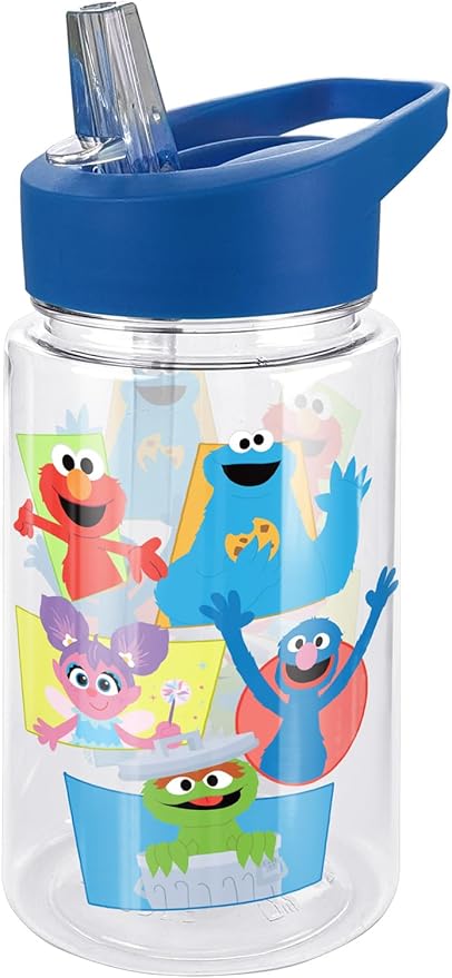 LOGOVISION Sesame Street Kids Tritan Plastic Water Bottle with Straw Lid and Handle, Reusable Tumbler for Toddlers, Unisex for Girls and Boys, 12oz, Character Panels