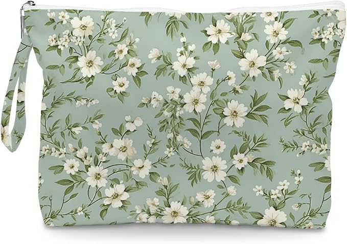 Fokongna Floral Print Wet Bag, Small Portable Waterproof Multi-Functional Organizer for Women, Green Tiny White Floral, Ideal for Daily, Beach & Travel