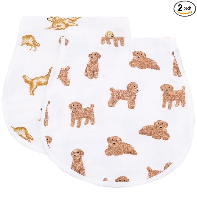 LifeTree Muslin Baby Burp Cloths - 2 Pack 70% Viscose from Bamboo and 30% Cotton Large 22'' by 10'' Absorbent Milk Spit Up Rags - Burping Cloths for Newborn, Girls Boys, GoldenRetriever & PoodleDog