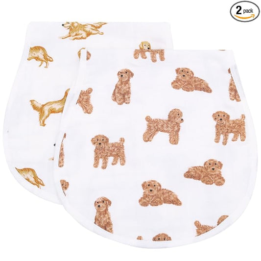 LifeTree Muslin Baby Burp Cloths - 2 Pack 70% Viscose from Bamboo and 30% Cotton Large 22'' by 10'' Absorbent Milk Spit Up Rags - Burping Cloths for Newborn, Girls Boys, GoldenRetriever & PoodleDog