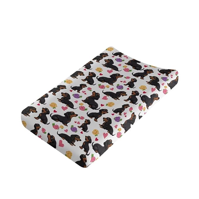 Dachshund Dog Cute Changing Pad Cover Baby Boy, Soft Stretchy Diaper Change Table Covers Fit 32'' x 16 ''Diaper Changing Table Mat Sheets, One Size, Rose Floral Change Mat Liners