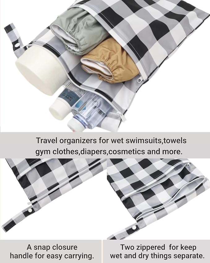 Wet Dry Bag Reusable Waterproof Swimming Bag Travel Beach Pool Yoga Gym Bag for Baby Cloth Diaper Swimsuits Wet Clothes Two Zipper Pockets 3 Pack 3L22